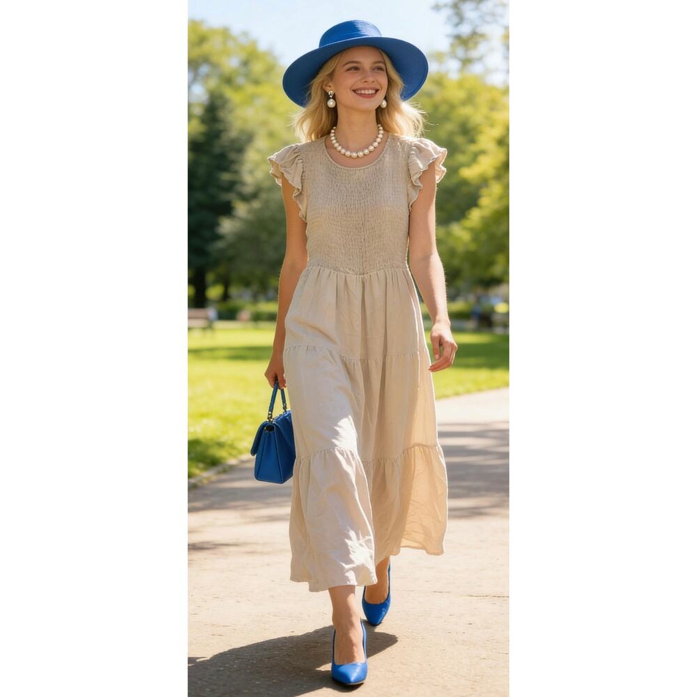 Smocked Bodice Beige Maxi Dress with Ruffle Sleeves